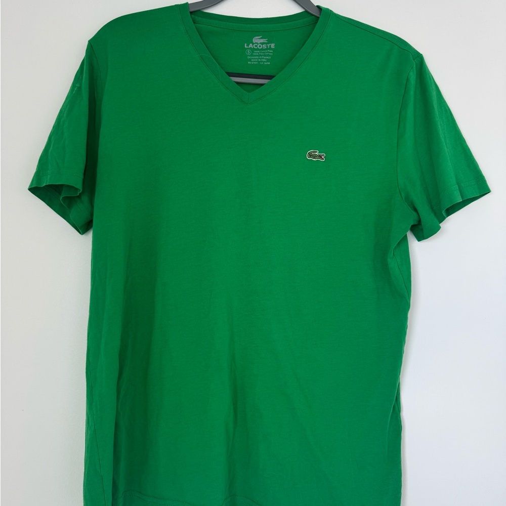 Lacoste Green Pima Cotton Red V Neck Shirt - Medium